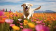 Labrador Retriever running in a field of flowers and having fun
