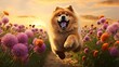 Happy chow chow dog running in the meadow with flowers