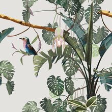 Tropical Vintage Botanical Landscape, Palm Tree, Banana Tree, Plant, Lilac Breasted Roller Bird, Floral Seamless Border Background. Exotic Green Blue Jungle Wallpaper Or Banner.