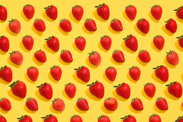 Poster - strawberry seamless pattern, yellow background, illustration for food, kitchen, healthy diet with fruit, bright intense light, pop inspiration, contrast, photorealistic appetizing fun joyful wallpaper