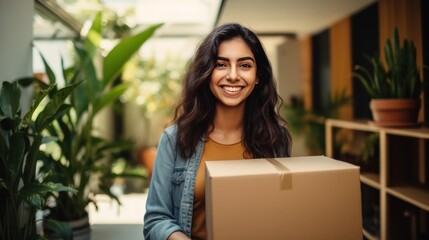 Happy smiling hispanic woman carrying cardboard box with belongings. Female student moving out of parents house. Young woman moving to dorm, new apartment, rent a flat generative ai