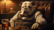 An English bulldog in a business suit with a cigar and a glass of whiskey sits relaxed living room in retro style