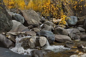 Canvas Print - Russia. Russia. The South of Western Siberia, the Altai Mountains. Small waterfalls on the Katuyaryk River in the valley of the Chulyshman River.