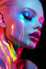 portrait of young beautiful woman with multi colored dye stylish makeup, pretty model female with multicoloured paint make up