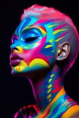 portrait of young beautiful woman with multi colored dye stylish makeup, pretty model female with multicoloured paint make up