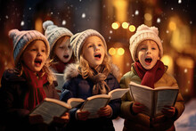 Coro De Niños Pequeños Cantando Villancicos Navideños En Una Calle Bajo La Nieve Vestidos Con Ropa De Invierno
