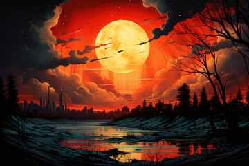 full moon, fantastic night landscape. illustration.