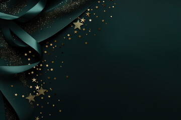 Wall Mural - Beautiful dark green Christmas background with shining decoration and empty space. Golden glitter, confetti. Copy space for your text. Merry Xmas, Happy New Year. Festive backdrop.