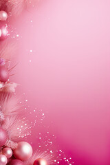 Beautiful pink Christmas background with shining decoration and empty space. Glitter, confetti. Copy space for your text. Merry Xmas, Happy New Year. Festive vertical backdrop.