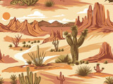Fototapeta Dinusie - Desert Pattern in vector, desert mountains, desert cactus patterns, desert vibes, hand drawn desert patterns, vintage desert art, patterns background, desert print