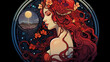 digital illustration of the profile of a woman with long red hair wit flowers, in front of a circular background with a night sky and a full moon. Background for mystical wicca ritual in art nouveau.
