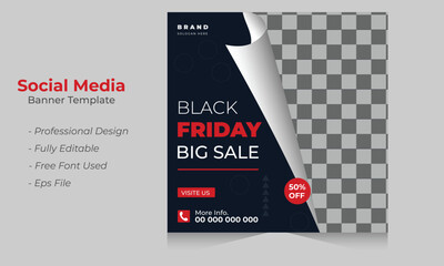 Wall Mural - Black Friday big sale banner. Social media post with Square flyer, poster, web ads design. Red and black   color with gradient dark background template