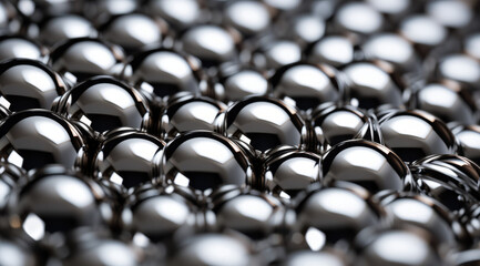 Wall Mural - Shiny metallic spheres clustered together, reflecting light and surroundings. Electropolished metal