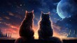 Two cats sitting on a wooden railings and looking at the moon