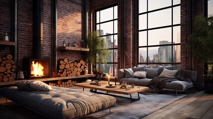 Wall Mural - Interior living room with a cozy loft, ai generative