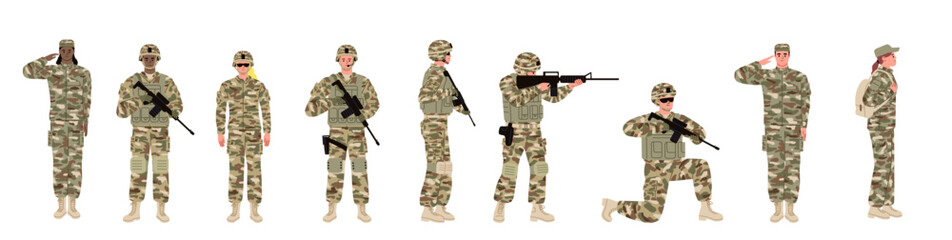 Wall Mural - Set of soldiers in military uniform. Female and male fighters with weapon. Flat vector illustration.