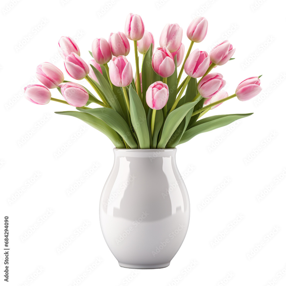 Beautiful pink tulip flowers in a vase isolated on white or transparent ...