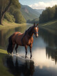 A horse is standing by a beautiful river Generative AI