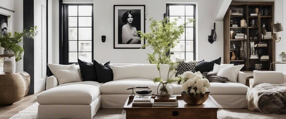 An open-plan living space illuminated by soft natural light, a plush white sofa centering the room