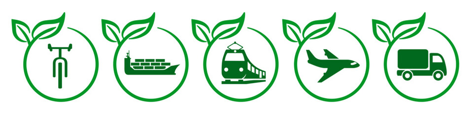 Green transport delivery, set eco logistic bike ship train plane truck with leaves symbol icon, international green free trade, environment friendly transport, eco distribution and shipping sign