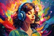 Portrait of beautiful young woman listening to music with headphones. Vector illustration, A girl with headphones in a colorful vivid background, An illustration of, AI Generated