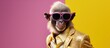 Fashionable cute monkey in clothes and wear a glasses isolated pink background. AI generated image