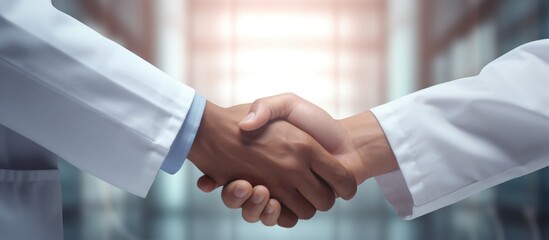 Doctor shaking hands with a patient in the hospital blur background. AI generated image