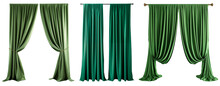 Set/collection Of Long, Velvet, Green Curtains With Pleats. Isolated On A Transparent Background.