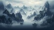 a foggy landscape with mountains and clouds