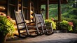 Front porch of a rustic log cabin with wooden chairs