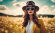 Bright trendy fashion image of sexy model, wearing neon bright color block clothes, hat and sunglasses, casual vintage spring style, color pop, rustic field background, hipster girl posing fashionista