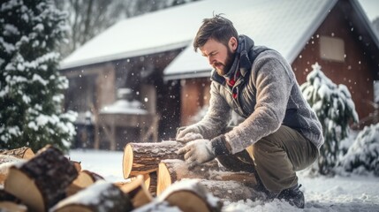 A man chops wood in a snowy yard