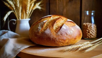 Wall Mural - Fresh bread and wheat Homemade bread is on the kitchen table