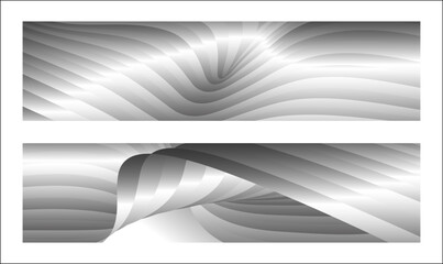 Monochrome cover design, abstract background. Wavy silver parallel gradient lines, ribbons, silk. Set of 2 backgrounds. Black and white with shades of gray banner, poster. eps vector