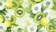 fresh seamless pattern with collection kiwi , blossoms and lime slices  in clipart watercolor design 