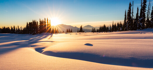 Wall Mural - Winter Landscape in Canadian Mountain Landscape. Colorful Sunset.