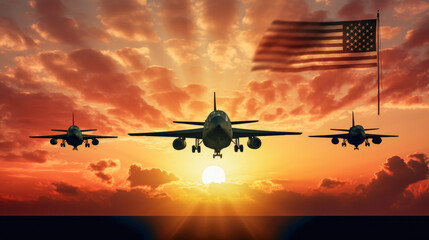 Wall Mural - American military aircrafts flying on the background of the flag of the USA