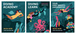Scuba diving class cards. Advertising banners design. Underwater swimming training. People exploring seabed and admiring corals. Divers course booking. Octopus and turtle Garish vector set