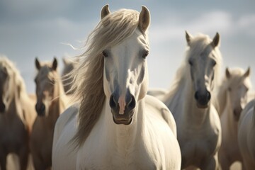 Naklejka na meble A captivating image of a herd of white horses standing closely together. Perfect for nature or animal-related projects.