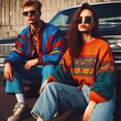 Retro fashion trend nostalgic style from 90s 80s 2000s commercials realistic old clothing brand advertisement models wearing trending 90s outfit magazine posters last decade millenials posing pop art