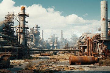 Canvas Print - A picture showcasing a large industrial area with numerous rusty pipes. This image can be used to represent industrial infrastructure, manufacturing, or environmental themes.