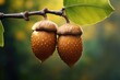 Two acorns are seen resting on a tree branch, surrounded by vibrant green leaves. This image can be used to depict the beauty of nature, the changing seasons, or the concept of growth and potential.