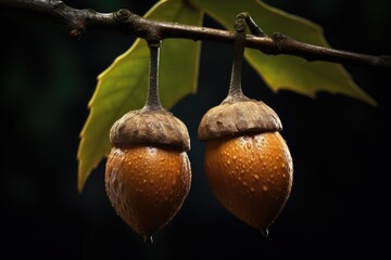 Wall Mural - A picture of two acorns hanging from a tree branch. This image can be used to represent nature, seasons, or the concept of growth and abundance.