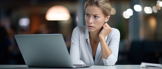 Stressed and exhausted millennial businesswoman is seen sitting at her office desk with her hand on her head, hard working day, overloaded with work. Generative ai