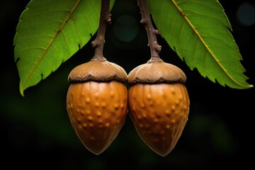 Two acorns hanging from a branch with leaves. Can be used as a symbol of nature, autumn, or growth.