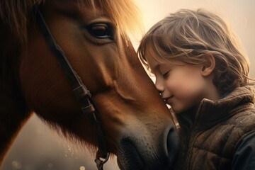 Wall Mural - A heartwarming moment captured as a little girl lovingly kisses the nose of a gentle horse. Perfect for animal lovers and horse enthusiasts.