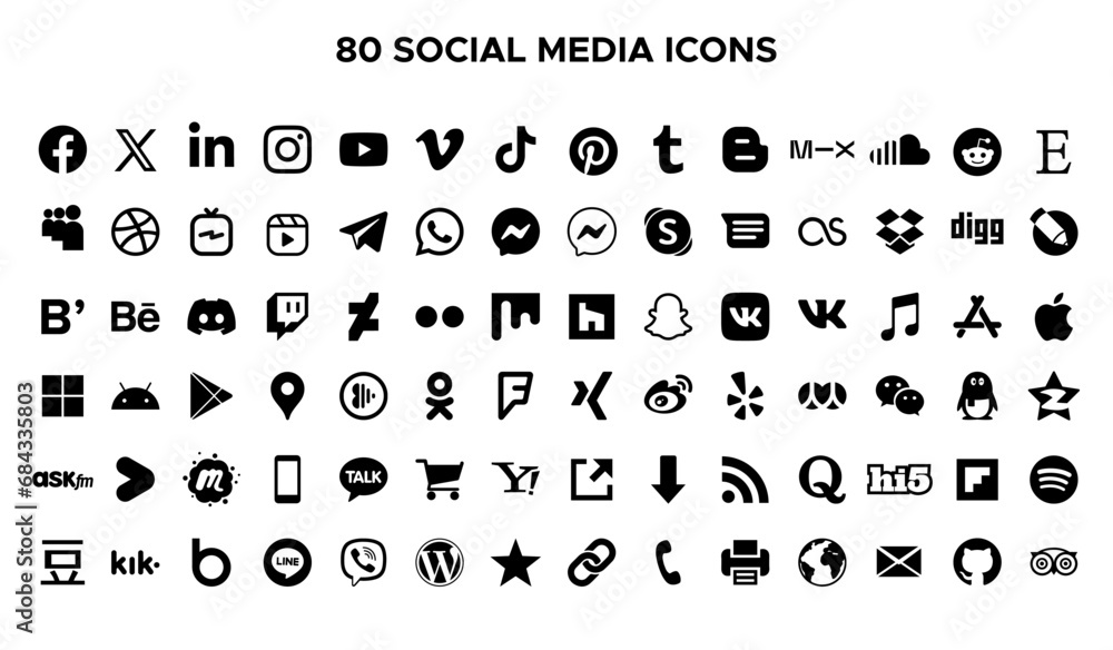 80 black social media icons - flat vector collection of sharing icons ...