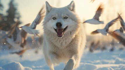 Poster - A white dog running through the snow with seagulls in the background