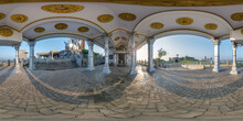 Full 360 Hdri Panorama Under Roof Of Temple Near Tallest Hindu Shiva Statue In India On Mountain Near Ocean In Equirectangular Spherical Projection