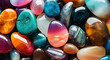 Colorful gemstones arranged close together in a pile, in the style of soft and rounded forms, monochromatic color schemes, calming effect